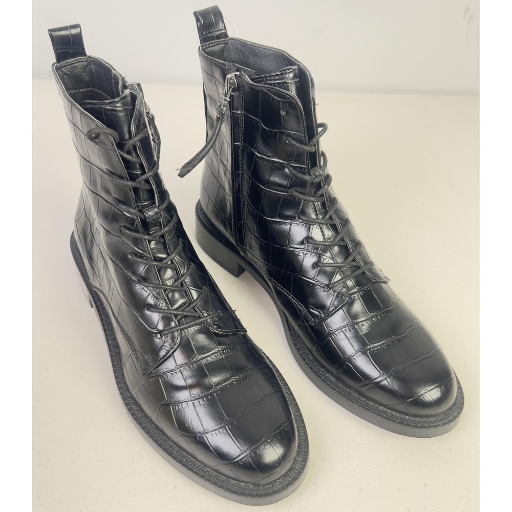 Sam Edelman Boots Womens 7.5 Black Croc Embossed Combat Ankle Zip Lace Up